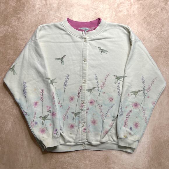 Vintage 90s National Wildlife Federation Hummingbird Floral Cardigan Sweater - Picture 1 of 9